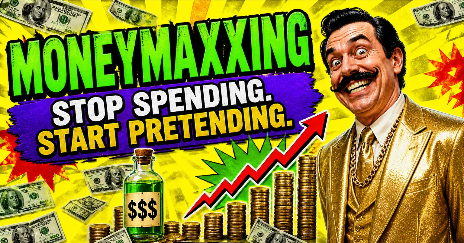 Tacky MoneyMaxxing meme with a fictional salesman, coins and rising arrow